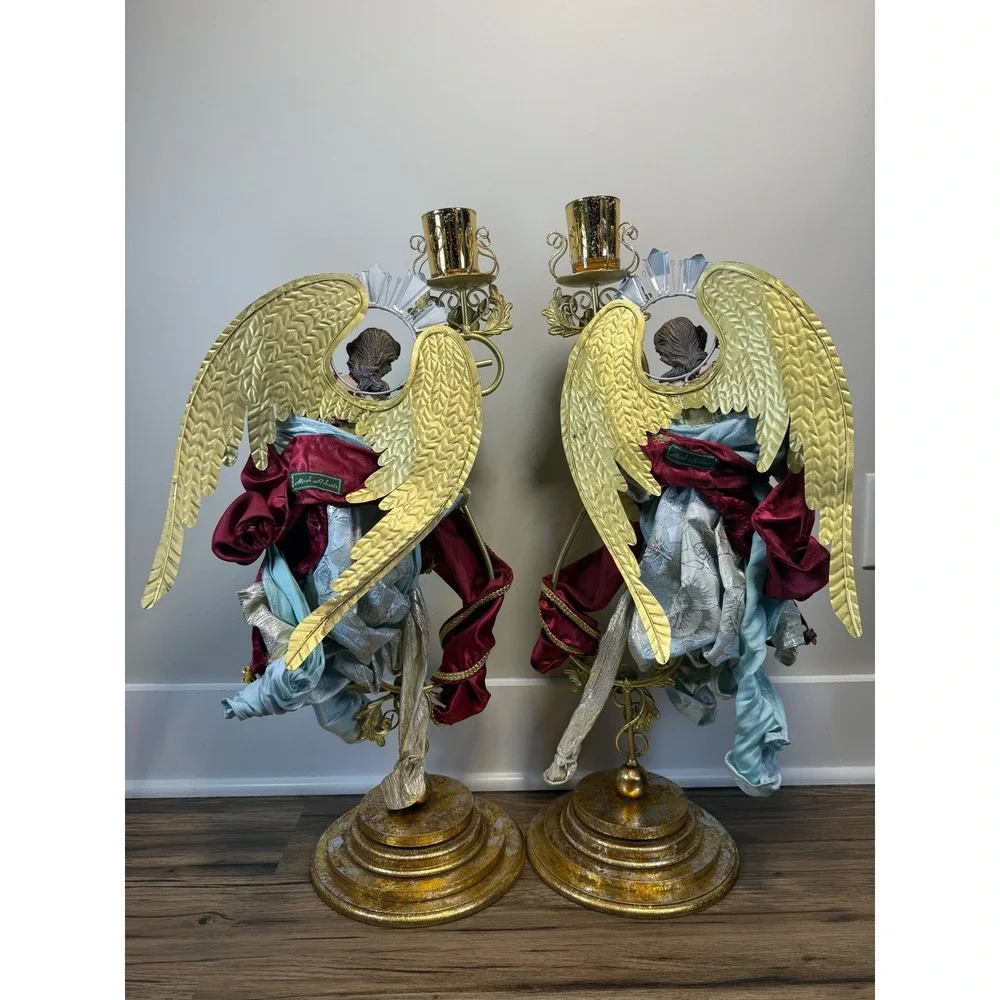 Mark Roberts Angel Candle Holders 2 Large 26in Gold Burgundy Jeweled 2023 Collec